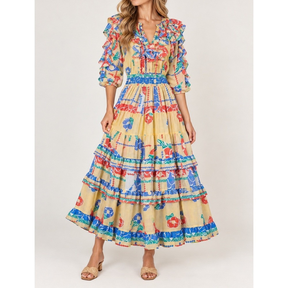 Diane Freis Maxi Dress Vintage Floral Georgette Ruffle Tiered Yellow Red Blue S